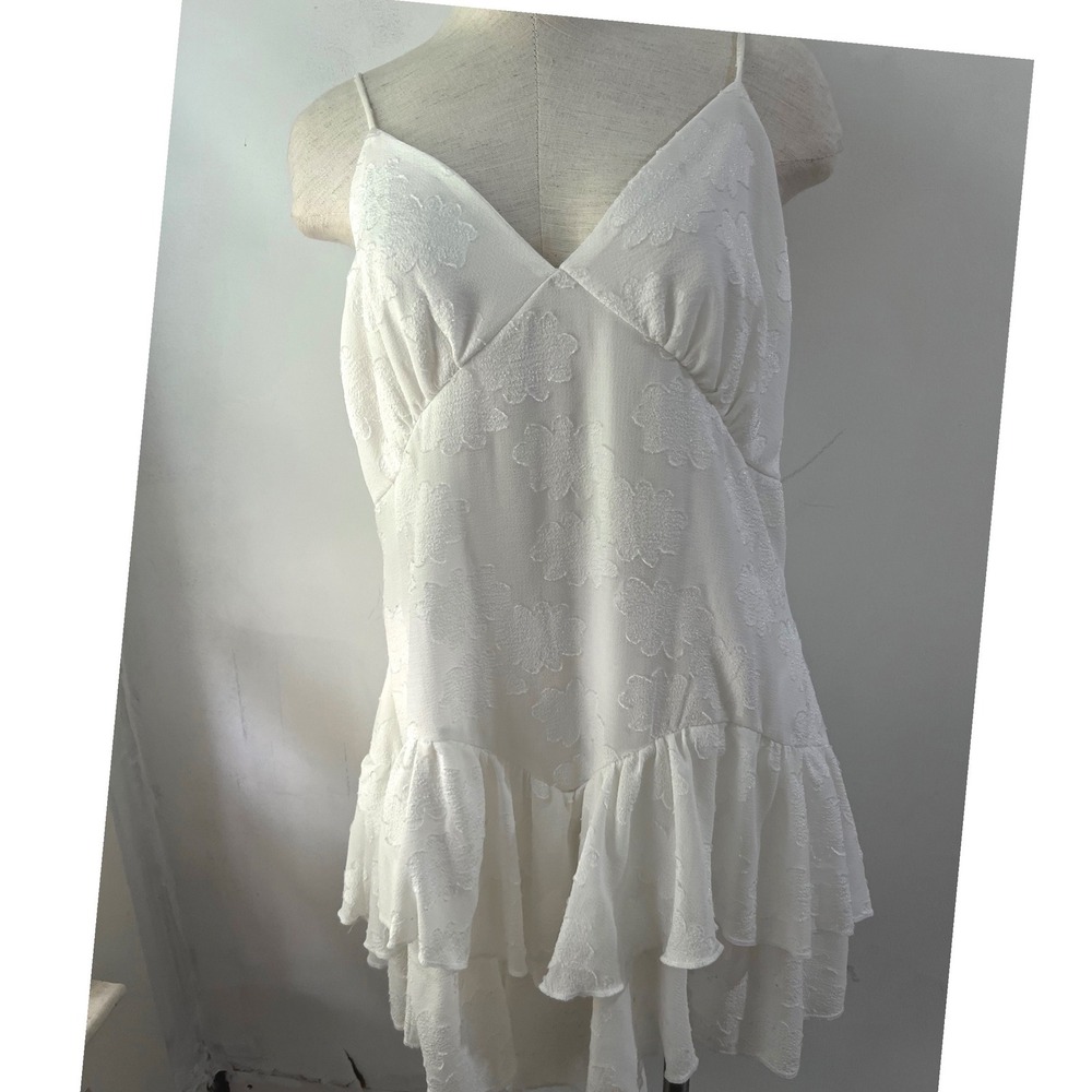Womens XL White Floral Jacquard Ruffle Tiered Fairy Fem Mini Dress Sleeveless